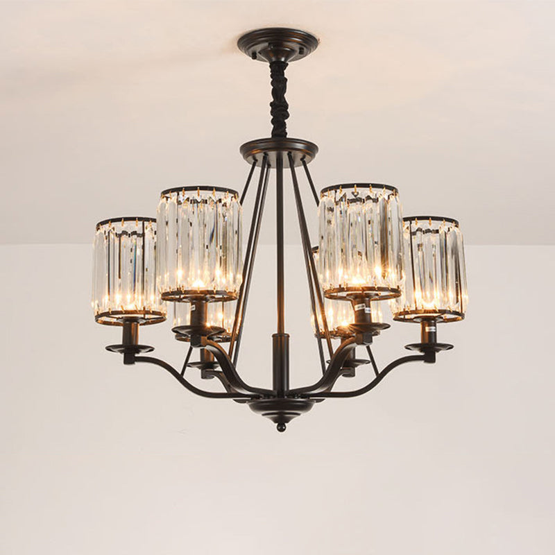 Black Crystal Beveled Pendant Light - Cylinder Chandelier For Living Room Ceiling Country Style