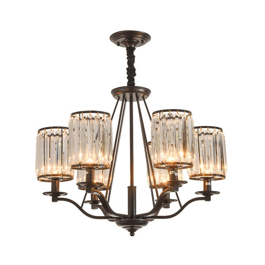 Black Crystal Beveled Pendant Light - Cylinder Chandelier For Living Room Ceiling Country Style