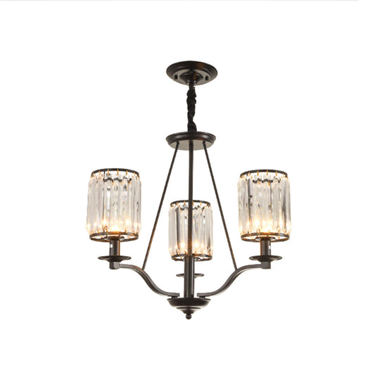 Black Crystal Beveled Pendant Light - Cylinder Chandelier For Living Room Ceiling Country Style