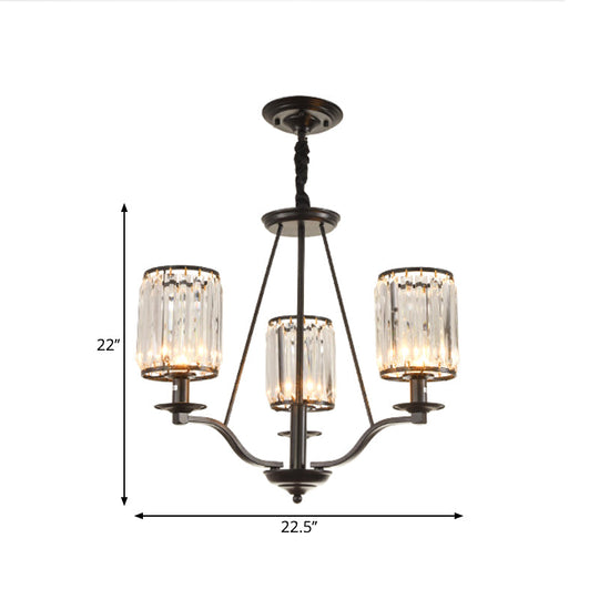 Black Crystal Beveled Pendant Light - Cylinder Chandelier For Living Room Ceiling Country Style