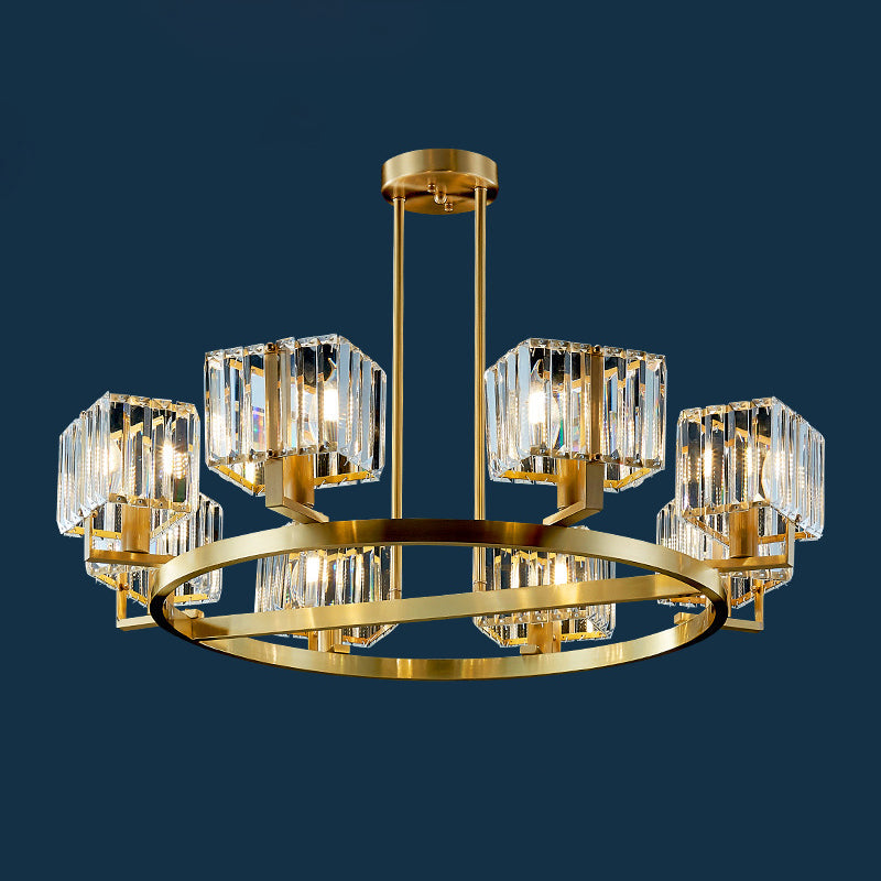 Golden Crystal Rectangle Pendant Chandelier - Sleek Dining Room Lighting Fixture with 4/8/10 Bulbs