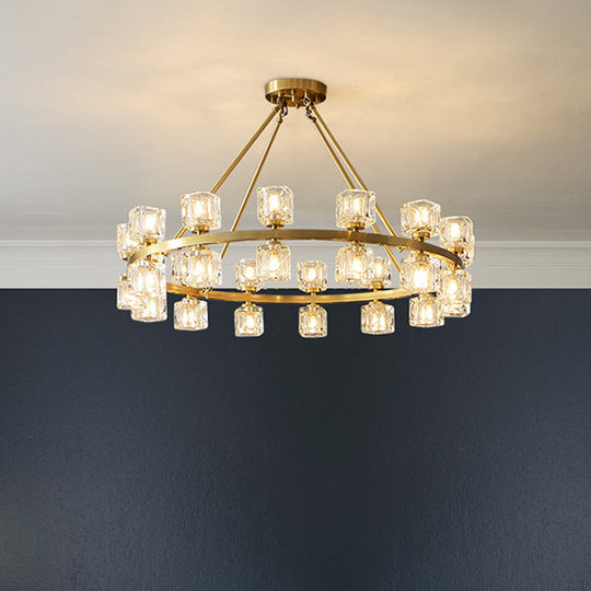 Postmodern Crystal Cube Gold Chandelier - Circle Pendant For Dining Room With 6/12/28 Lights