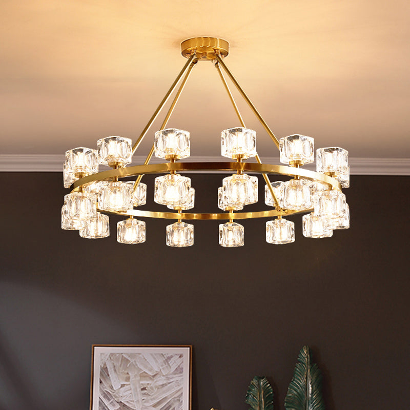 Postmodern Crystal Cube Gold Chandelier - Circle Pendant For Dining Room With 6/12/28 Lights