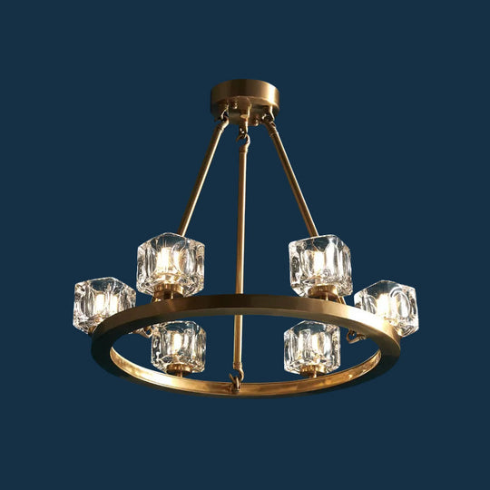 Postmodern Crystal Cube Gold Chandelier - Circle Dining Pendant with 6/12/28 Lights