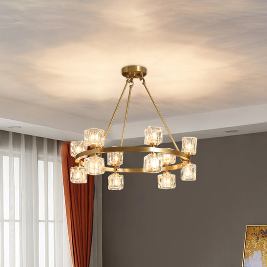 Postmodern Crystal Cube Gold Chandelier - Circle Pendant For Dining Room With 6/12/28 Lights