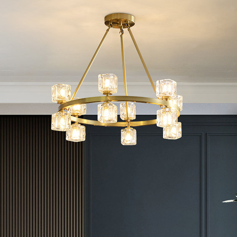 Postmodern Crystal Cube Gold Chandelier - Circle Pendant For Dining Room With 6/12/28 Lights