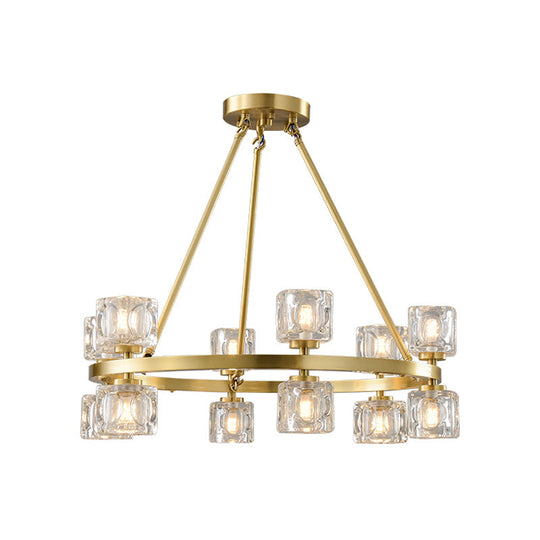 Postmodern Crystal Cube Gold Chandelier - Circle Dining Pendant with 6/12/28 Lights