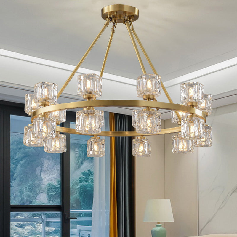 Postmodern Crystal Cube Gold Chandelier - Circle Pendant For Dining Room With 6/12/28 Lights