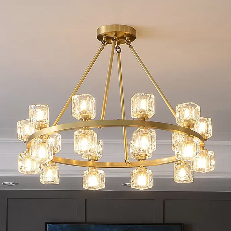 Postmodern Crystal Cube Gold Chandelier - Circle Dining Pendant with 6/12/28 Lights