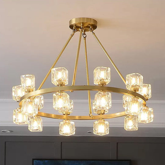 Postmodern Crystal Cube Gold Chandelier - Circle Pendant For Dining Room With 6/12/28 Lights