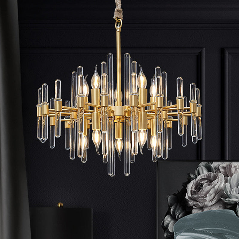 Crystal Rod Drop Chandelier Light - 10 Heads, Postmodern Brass Radial Design for Living Room