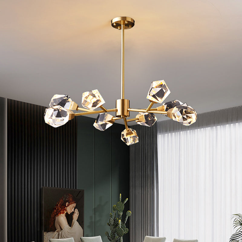 Modern Brass Gem Shaped Clear Crystal Pendant Chandelier - 9-Bulb Light Fixture for Living Room