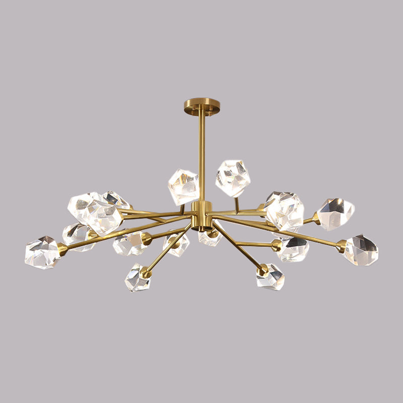 Post-Modern Branched Brass Chandelier With Crystal Blocks - 6/15/18 Lights Ceiling Hanging Fixture