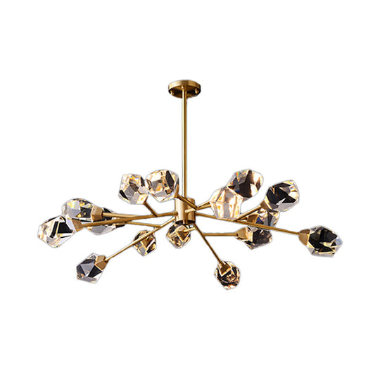 Post-Modern Branched Brass Chandelier With Crystal Blocks - 6/15/18 Lights Ceiling Hanging Fixture