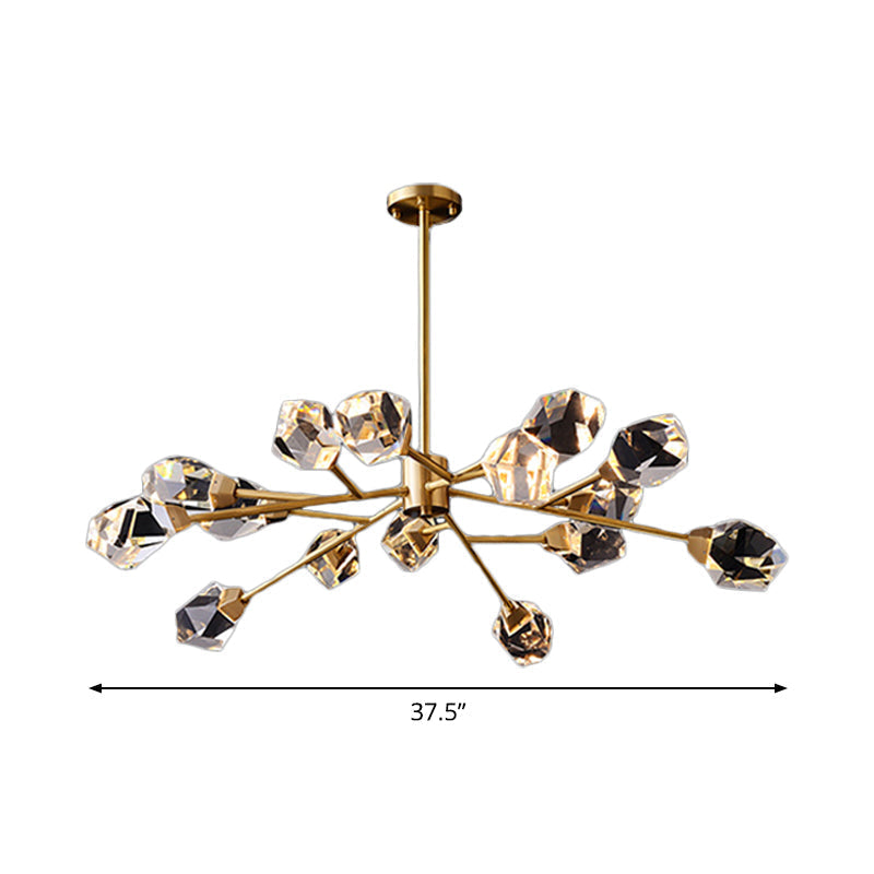 Post-Modern Branched Brass Chandelier With Crystal Blocks - 6/15/18 Lights Ceiling Hanging Fixture