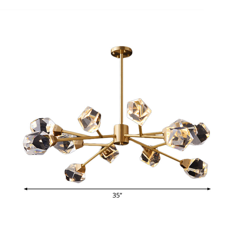 Post-Modern Branched Brass Chandelier With Crystal Blocks - 6/15/18 Lights Ceiling Hanging Fixture