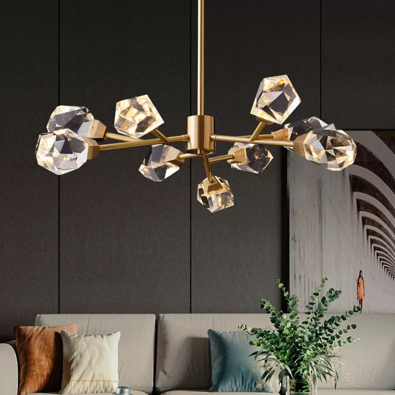 Post-Modern Branched Brass Chandelier With Crystal Blocks - 6/15/18 Lights Ceiling Hanging Fixture