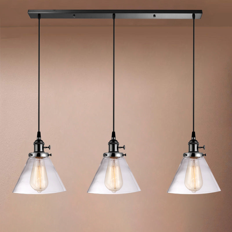 3-Light Cluster Pendant: Clear Glass Cone Down Lighting for Dining Room