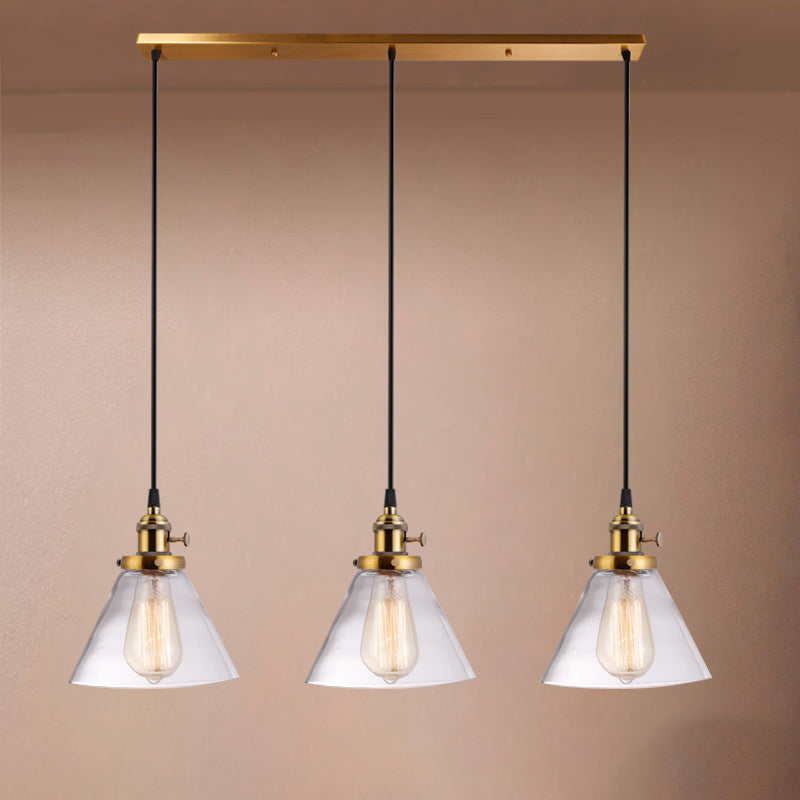 3-Light Cluster Pendant: Clear Glass Cone Down Lighting for Dining Room