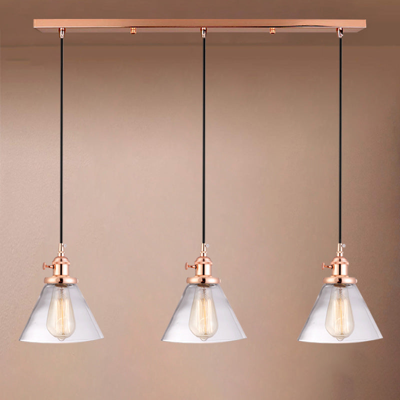 3-Light Cluster Pendant: Clear Glass Cone Down Lighting for Dining Room