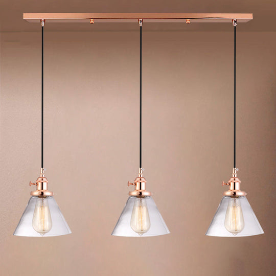 3-Light Cluster Pendant: Clear Glass Cone Down Lighting for Dining Room