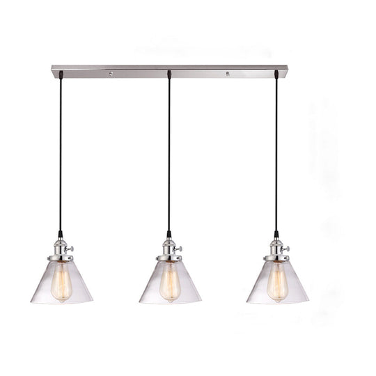 Clear Glass Cone Pendant Light With 3 Heads For Down Lighting In Dining Room Or Warehouse Chrome /