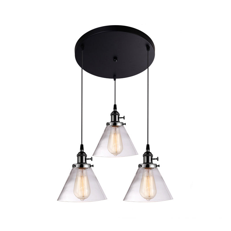 Clear Glass Cone Pendant Light With 3 Heads For Down Lighting In Dining Room Or Warehouse Black /