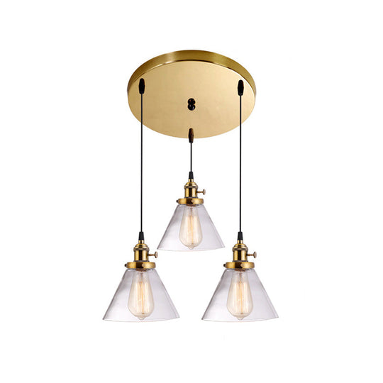 Clear Glass Cone Pendant Light With 3 Heads For Down Lighting In Dining Room Or Warehouse Brass /