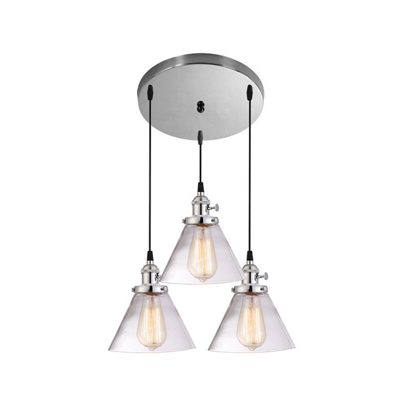 Clear Glass Cone Pendant Light With 3 Heads For Down Lighting In Dining Room Or Warehouse Chrome /