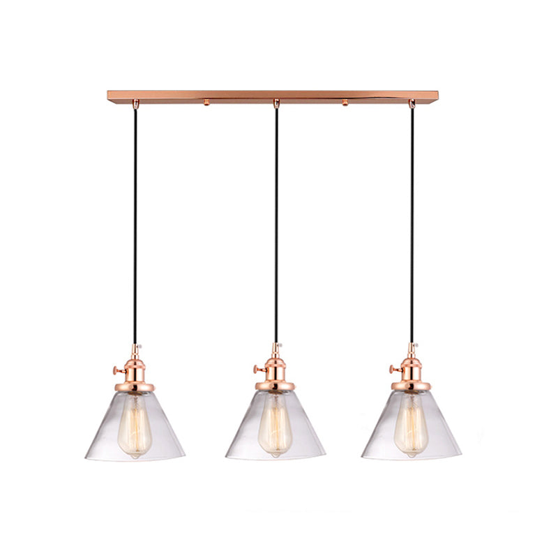 Clear Glass Cone Pendant Light With 3 Heads For Down Lighting In Dining Room Or Warehouse Rose Gold