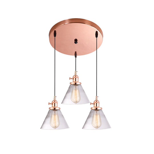 3-Light Cluster Pendant: Clear Glass Cone Down Lighting for Dining Room