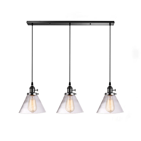 Clear Glass Cone Pendant Light With 3 Heads For Down Lighting In Dining Room Or Warehouse Black /