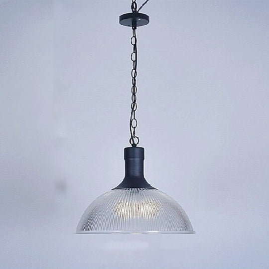 1-Light Clear Ribbed Glass Dome Pendant Light for Living Room - Factory Hanging Lighting Kit