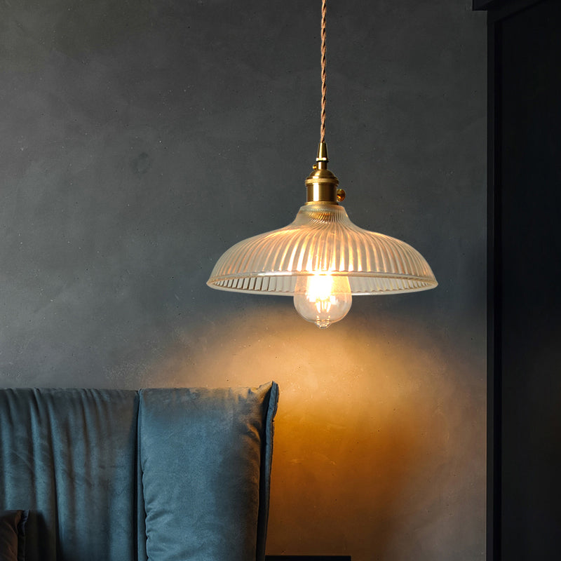 Rustic Brass Pendant Light Fixture with Clear Ribbed Glass Bowl