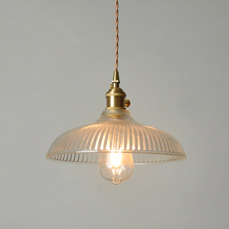 Rustic Brass Pendant Light Fixture with Clear Ribbed Glass Bowl