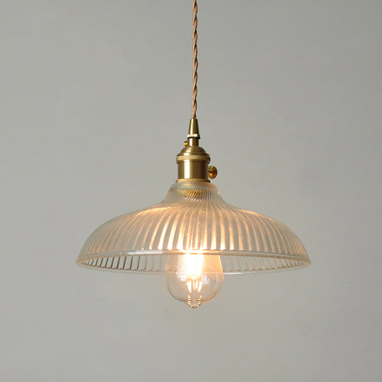 Rustic Brass Pendant Light Fixture with Clear Ribbed Glass Bowl