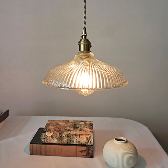 Rustic Brass Pendant Light Fixture with Clear Ribbed Glass Bowl