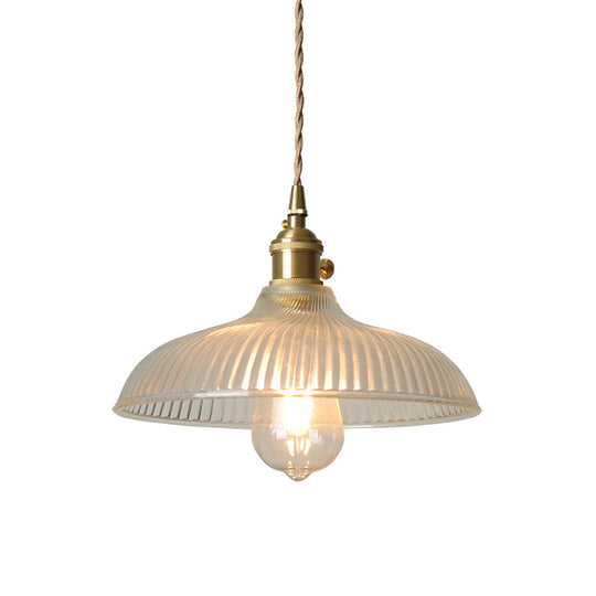 Rustic Brass Bowl Pendant Light Fixture With Clear Ribbed Glass - 1-Head Hanging Design