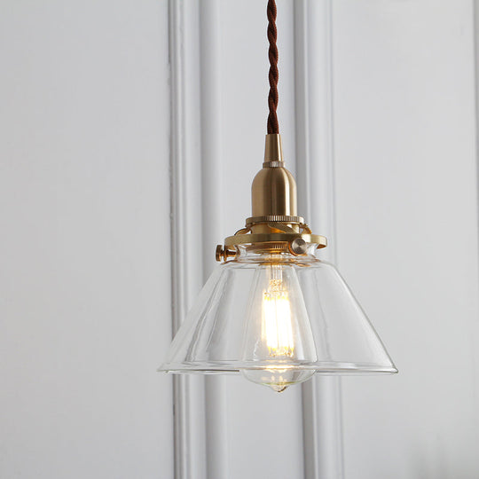 Clear Glass Brass Conic Pendant Lamp For Dining Room- Single Head Suspension Lighting