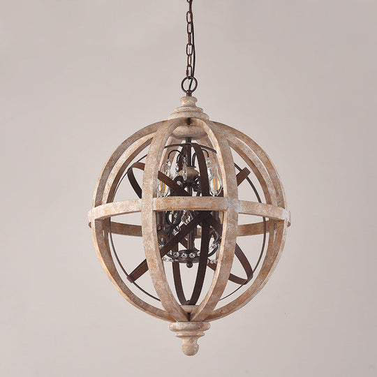 Classic Distressed White Wood Globe Cage Chandelier With Crystal Accent - 5-Light Bedroom Pendant