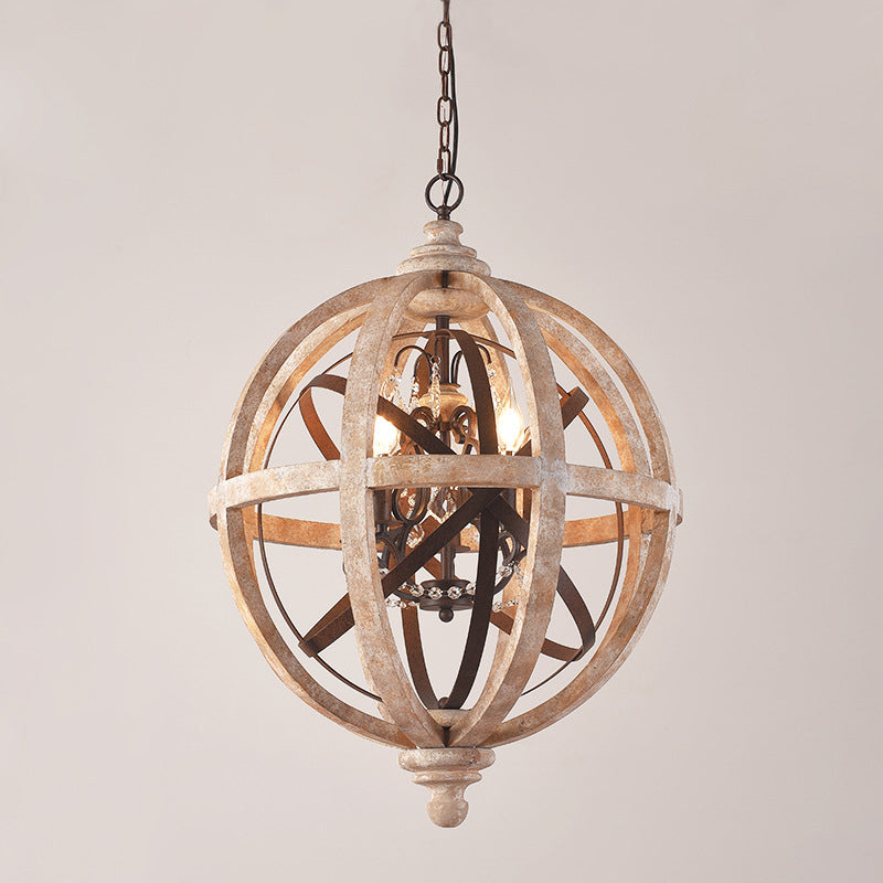 Classic Distressed White Wood Globe Cage Chandelier With Crystal Accent - 5-Light Bedroom Pendant