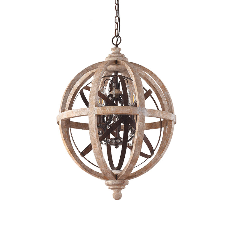 Classic Distressed White Wood Globe Cage Chandelier With Crystal Accent - 5-Light Bedroom Pendant