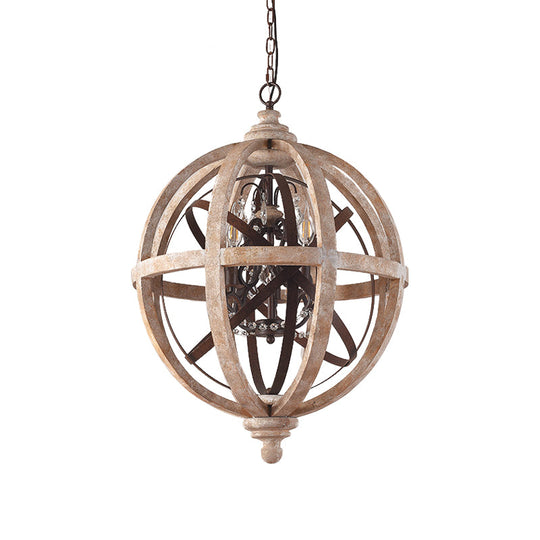 Classic Distressed White Wood Globe Cage Chandelier With Crystal Accent - 5-Light Bedroom Pendant