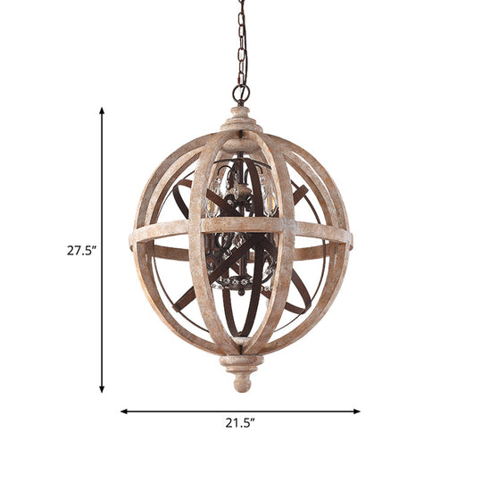 Classic Distressed White Wood Globe Cage Chandelier With Crystal Accent - 5-Light Bedroom Pendant