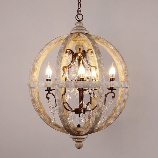 Classic Distressed White Wood Globe Cage Chandelier With Crystal Accent - 5-Light Bedroom Pendant