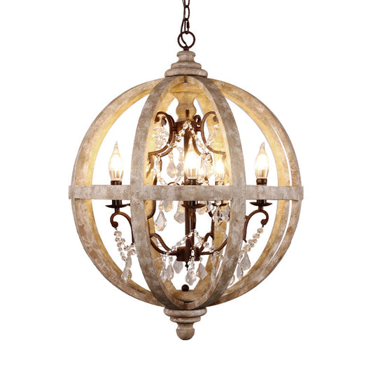 Classic Distressed White Wood Globe Cage Chandelier With Crystal Accent - 5-Light Bedroom Pendant