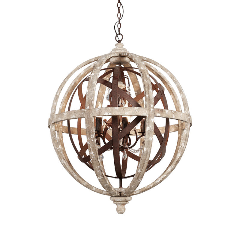 Classic Distressed White Wood Globe Cage Chandelier With Crystal Accent - 5-Light Bedroom Pendant