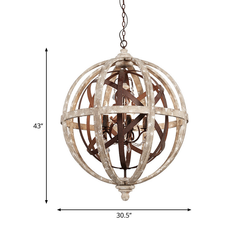 Classic Distressed White Wood Globe Cage Chandelier With Crystal Accent - 5-Light Bedroom Pendant