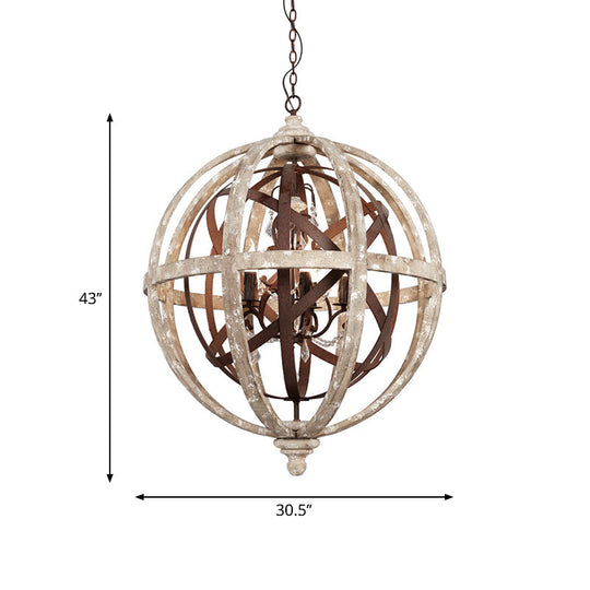 Classic Distressed White Wood Globe Cage Chandelier With Crystal Accent - 5-Light Bedroom Pendant