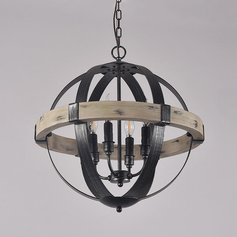 Black Wood Strap Globe Pendant Chandelier Kit - Country Living Room Hanging Lamp